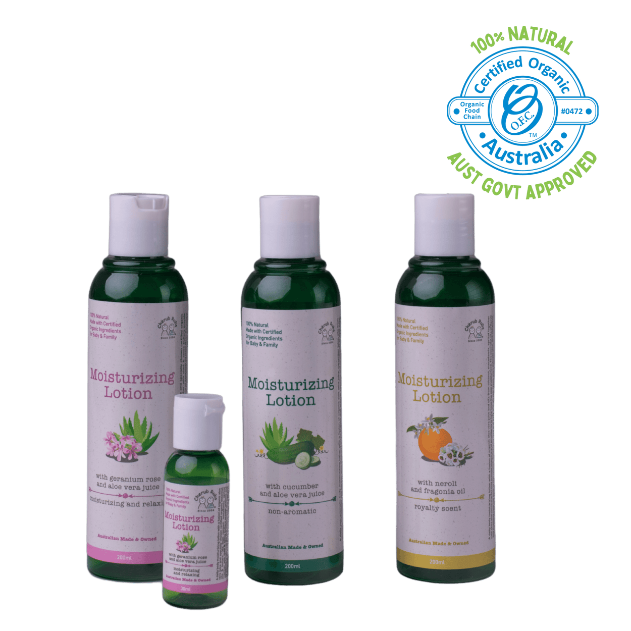 Organic moisturizing lotion by Cherub Rubs, dedicated to natural skincare.