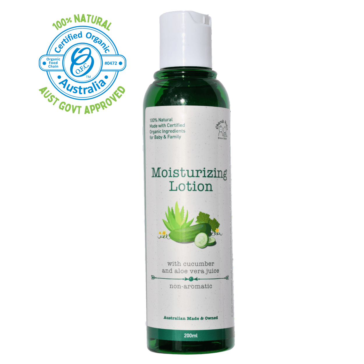 Moisturizing lotion cucumber in 200ml bottle. An organic skincare product by Cherub Rubs.