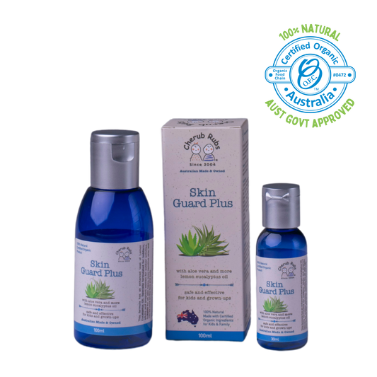 Skin Guard Plus, a natural skincare range help to keep away the mozzies. Organic Skincare For Baby & Family by Cherub Rubs.
