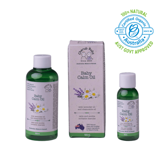 Baby Calm Oil with organic chamomile, lavender, and macadamia oils for sensitive skin