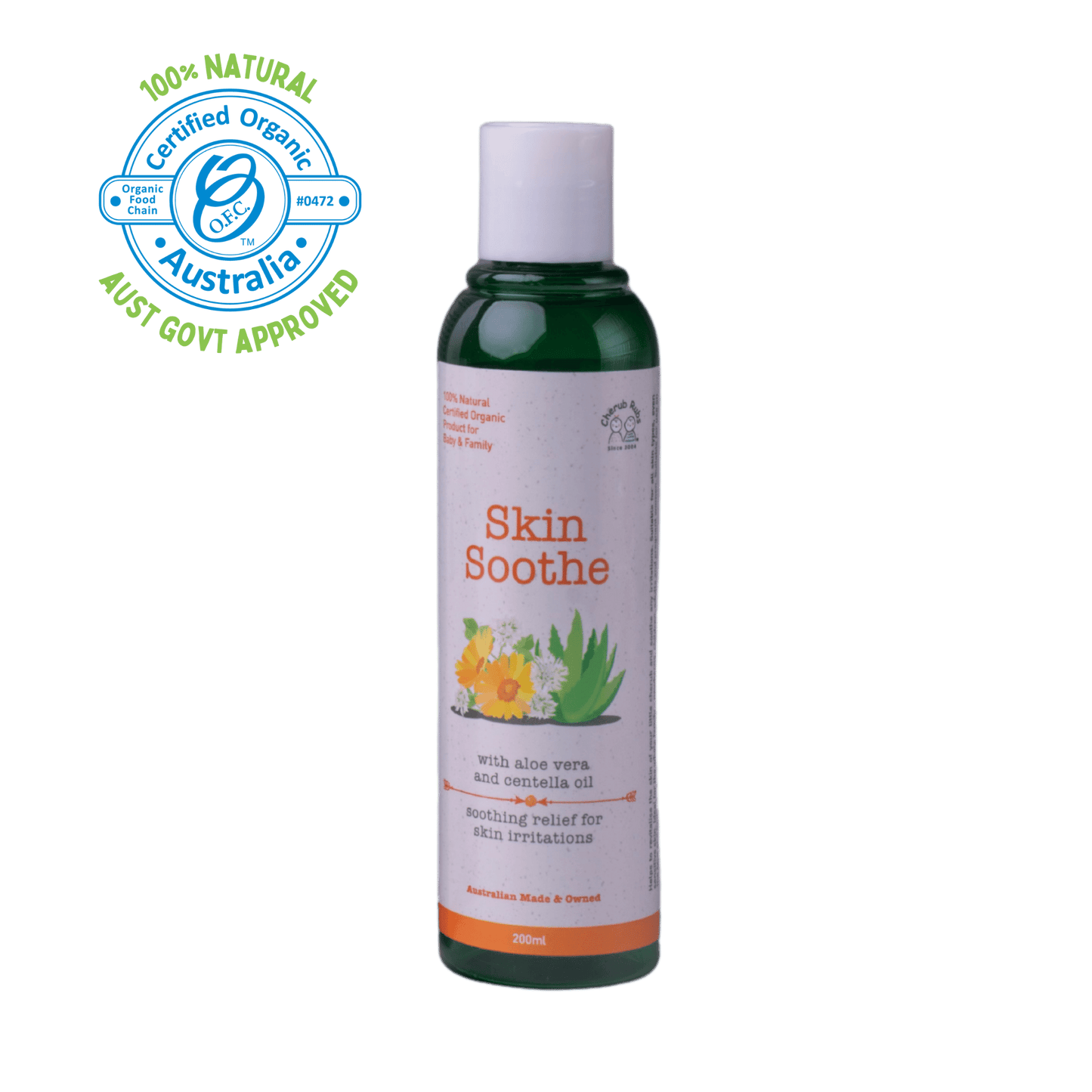 Cherub Rubs certified organic Skin Soothe gel in a container, ideal for soothing itchy skin 200ml