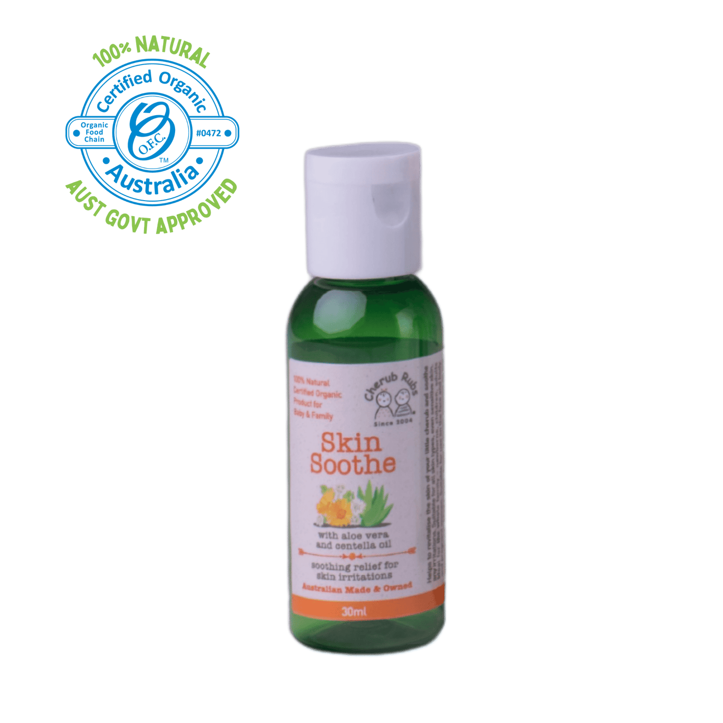 Cherub Rubs certified organic Skin Soothe gel in a container, ideal for soothing itchy skin 30ml