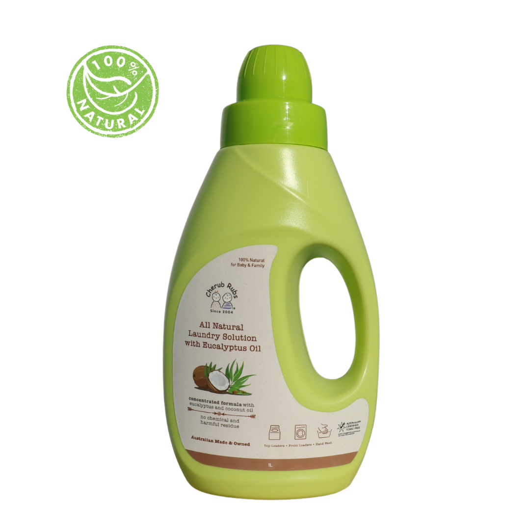 All Natural Laundry Solution with Eucalyptus Oil. A natural baby and family product. Available in 1L.Organic Skincare For Baby & Family by Cherub Rubs.