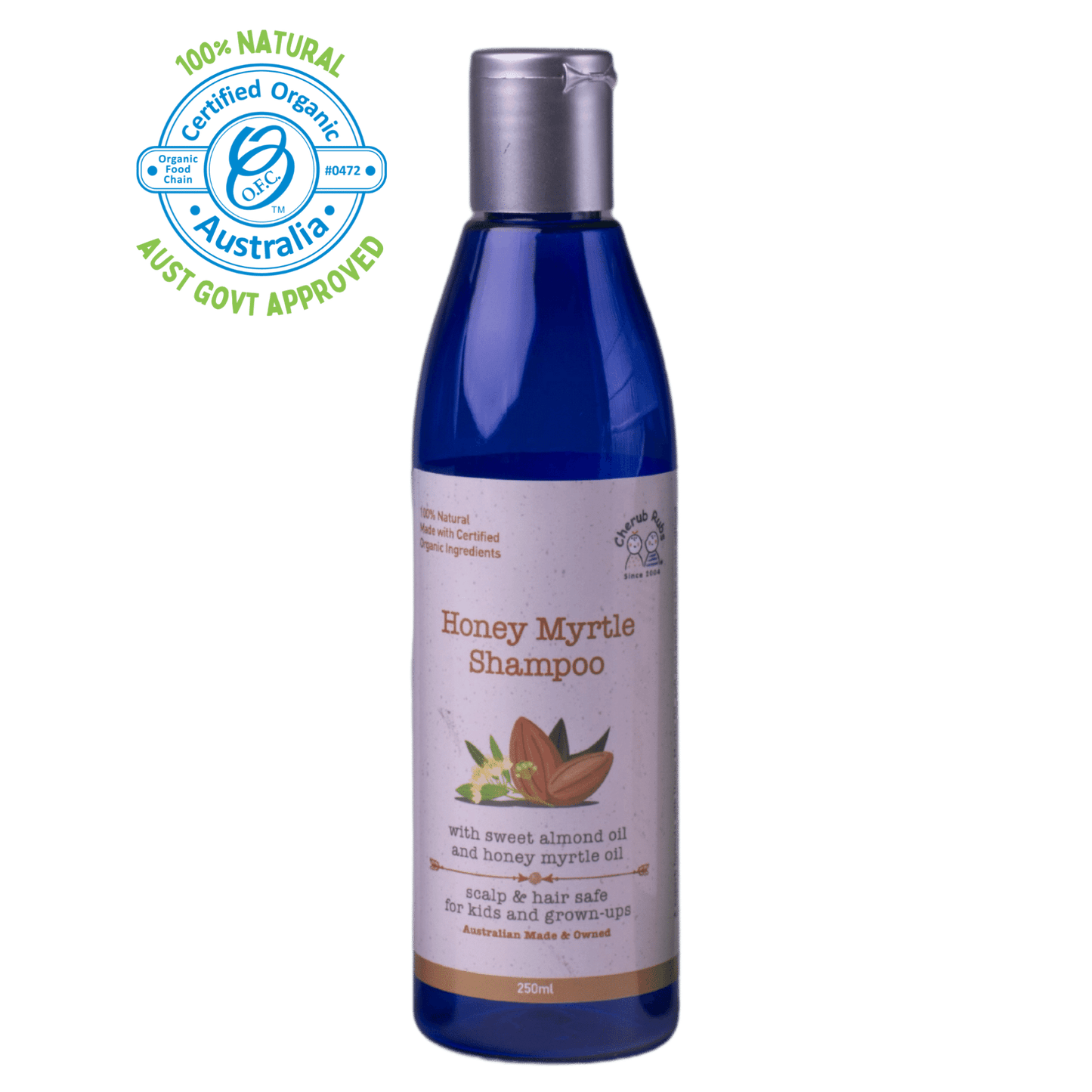 Honey Myrtle Shampoo, an organic skincare product suitable for adults and babies. Available in 250ml bottle.