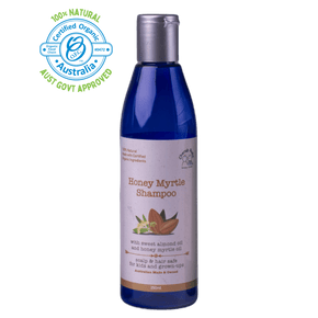 Honey Myrtle Shampoo, an organic skincare product suitable for adults and babies. Available in 250ml bottle.