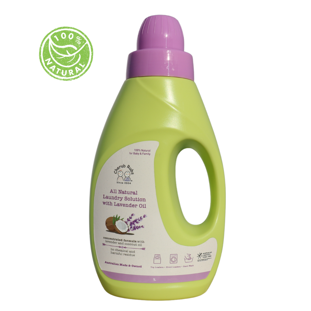 All Natural Laundry Solution with Lavender Oil. A natural baby and family product. Available in 1L. Organic Skincare For Baby & Family by Cherub Rubs.