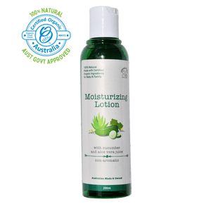 Moisturizing lotion cucumber in 200ml bottle. An organic skincare product by Cherub Rubs.