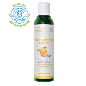 Moisturizing lotion Neroli in 200ml bottle. An organic skincare product by Cherub Rubs.