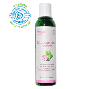 Moisturisng lotion rose in 200ml bottle. An organic skincare product by Cherub Rubs.