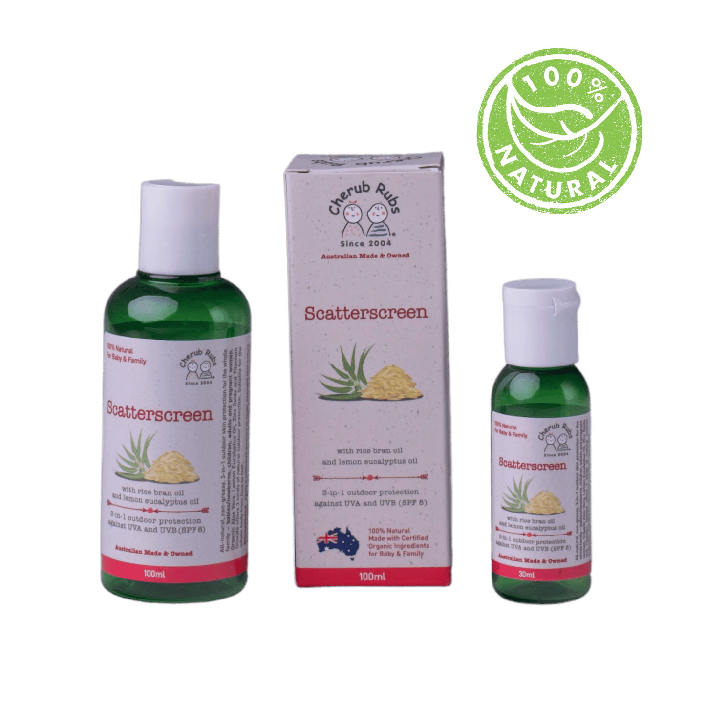 Scatterscreen range. Organic Skincare For Baby & Family by Cherub Rubs.