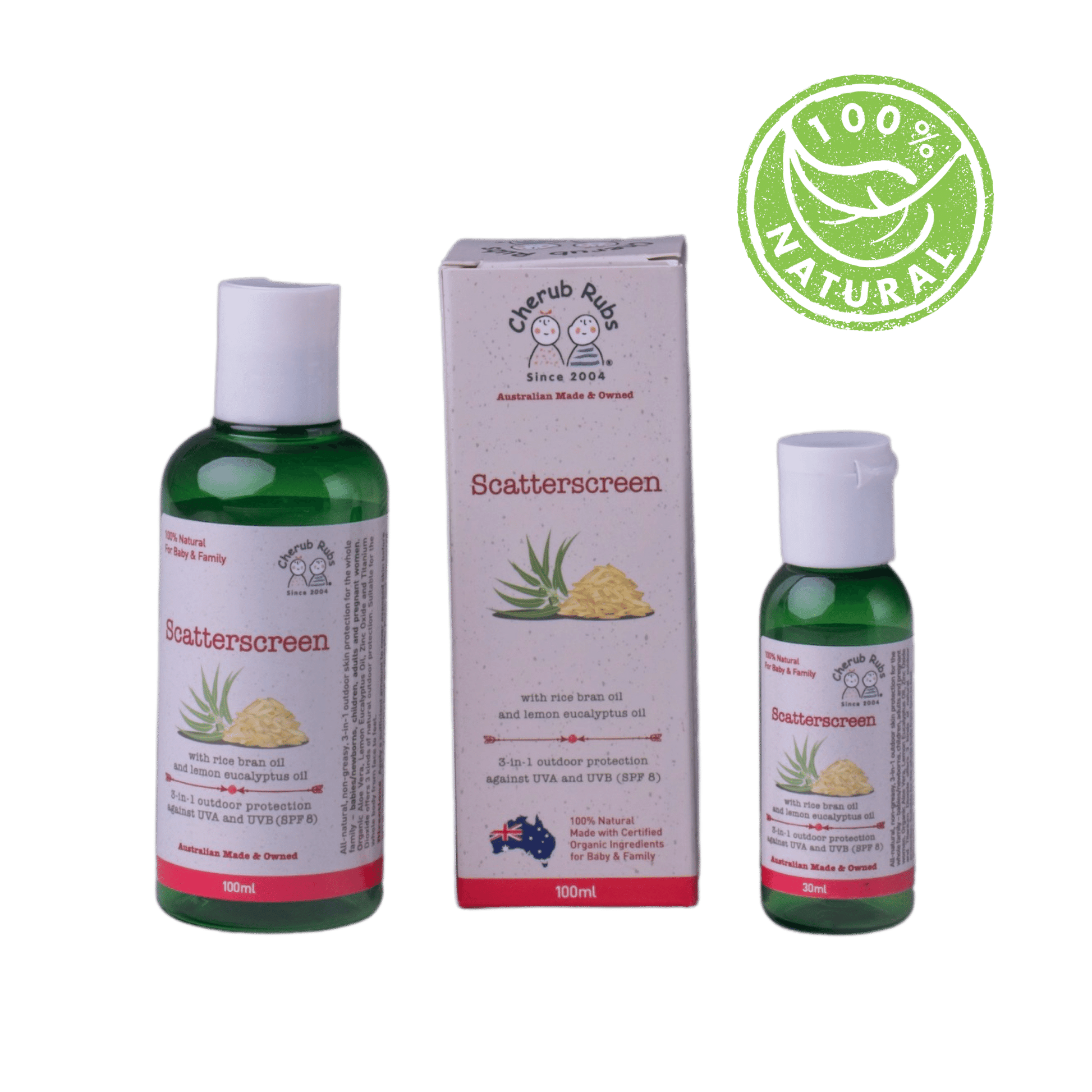 Scatterscreen range. Organic Skincare For Baby & Family by Cherub Rubs.
