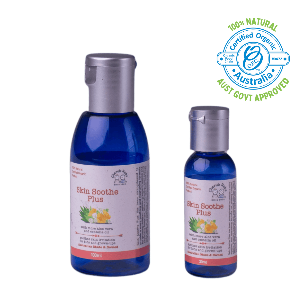 Skin Soothe Plus 100ml and 30ml. A natural skincare range by Cherub Rubs.